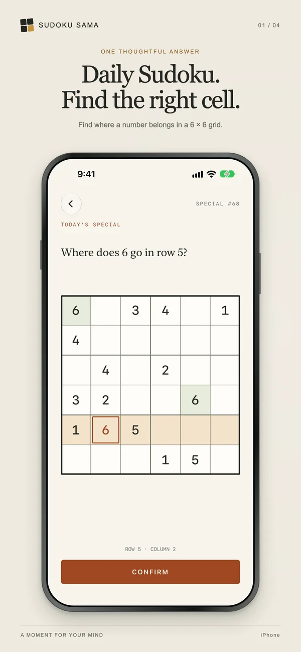 Sudoku Sama on iPhone: a 6 by 6 puzzle asks where 6 belongs in row 5, with a selected cell and a CONFIRM button.